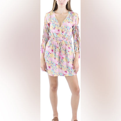 NWT SIZE S/L RAGA Pink and Blue V-Neck Bishop Sleeve Sundress