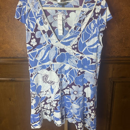 NWT SIZE XL Blue and White Asymmetrical Cap Sleeve Tunic Blouse