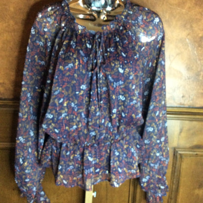 Parker Relaxed Peplum Blouse with Puff Sleeves in Blue and Red