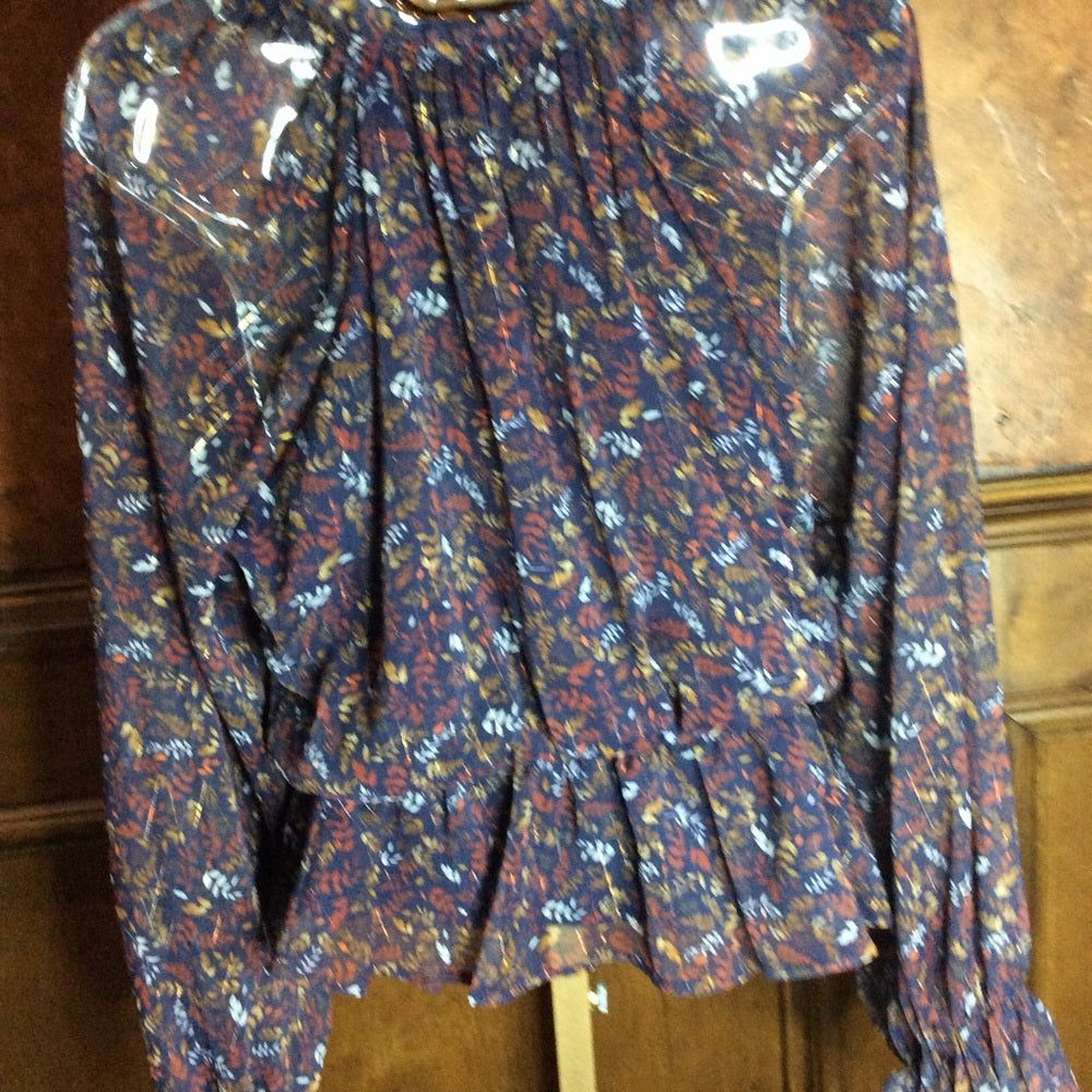 Parker Relaxed Peplum Blouse with Puff Sleeves in Blue and Red