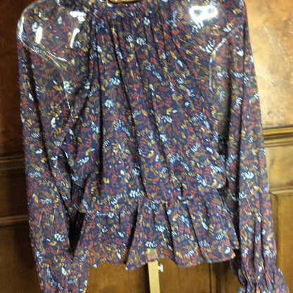 Parker Relaxed Peplum Blouse with Puff Sleeves in Blue and Red