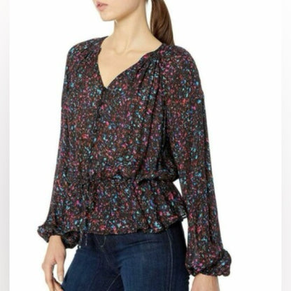 Parker Relaxed Peplum Blouse with Puff Sleeves in Blue and Red