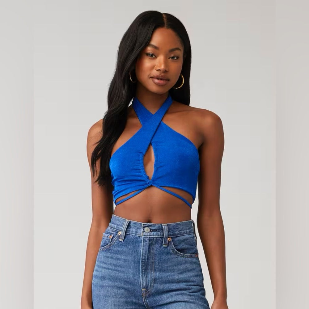 NWT SIZE 2/4/6/8 Peppermayo Blue Crop Top with Tie Front and Cut Out