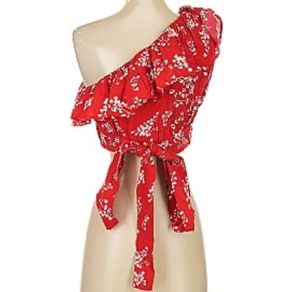 Red Asymmetrical Sleeveless Blouse with Ruffled Tie Front