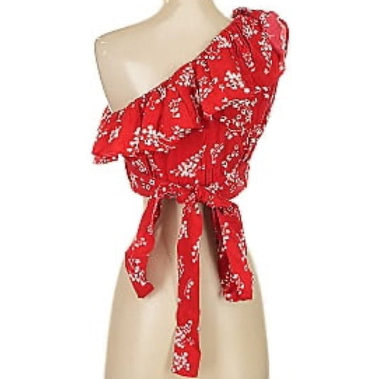 Red Asymmetrical Sleeveless Blouse with Ruffled Tie Front