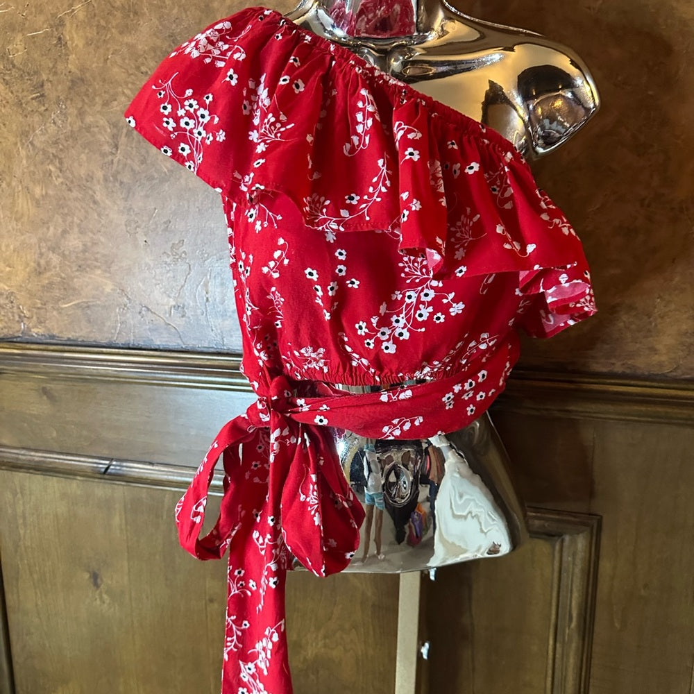 Red Asymmetrical Sleeveless Blouse with Ruffled Tie Front