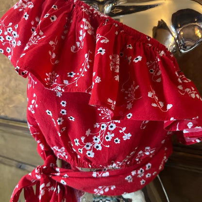 Red Asymmetrical Sleeveless Blouse with Ruffled Tie Front