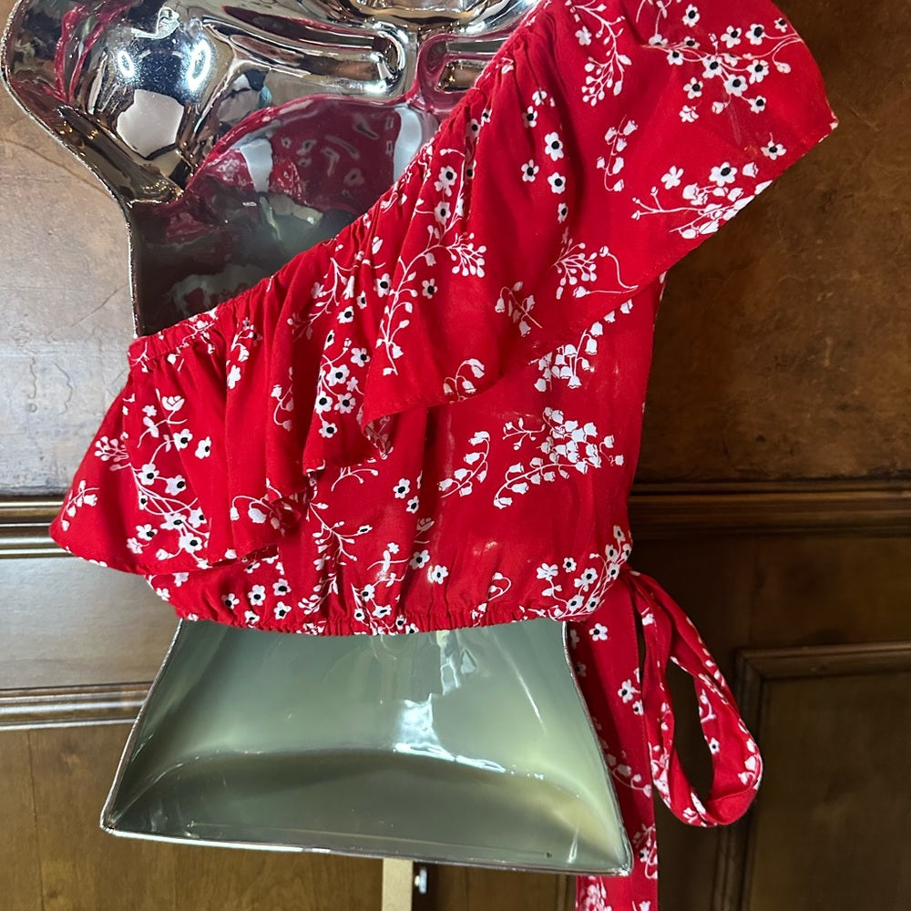 Red Asymmetrical Sleeveless Blouse with Ruffled Tie Front