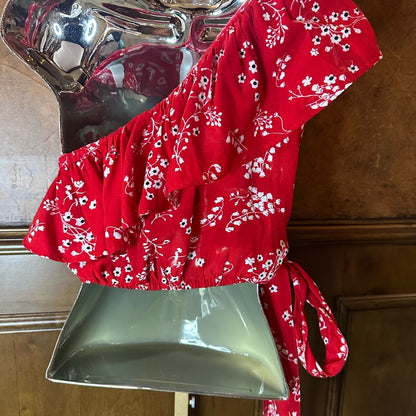 Red Asymmetrical Sleeveless Blouse with Ruffled Tie Front