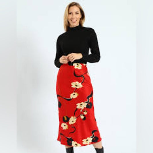 NWOT SIZE XS Red Cream Floral Pencil Midi Skirt for Cocktail Events
