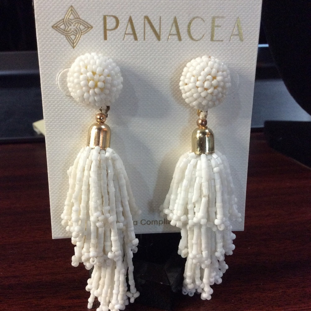White Beaded Tassel Earrings
