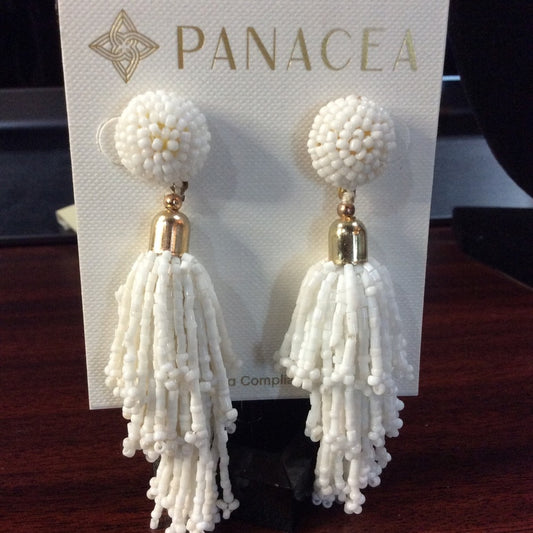 White Beaded Tassel Earrings