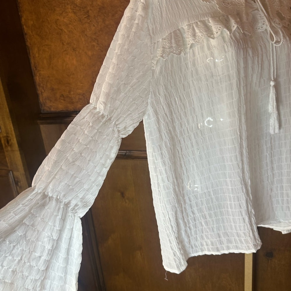 Hayden White Blouse with Bishop Sleeves and Bib Collar