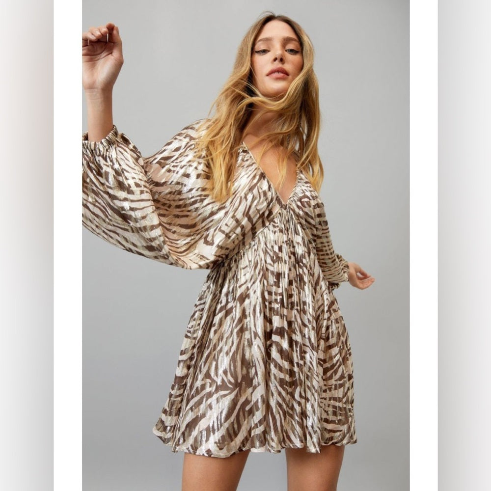 NWOT SIZE S Brown Pleated Ruffled Mini Dress with Plunge Neckline