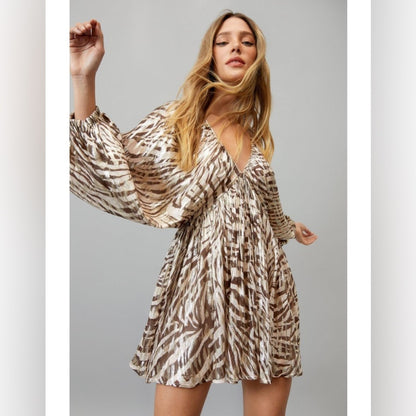 NWOT SIZE S Brown Pleated Ruffled Mini Dress with Plunge Neckline