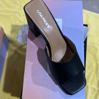 50. NEW SIZE 7 1/2 M Black Block Heel Mules with Square Toe
