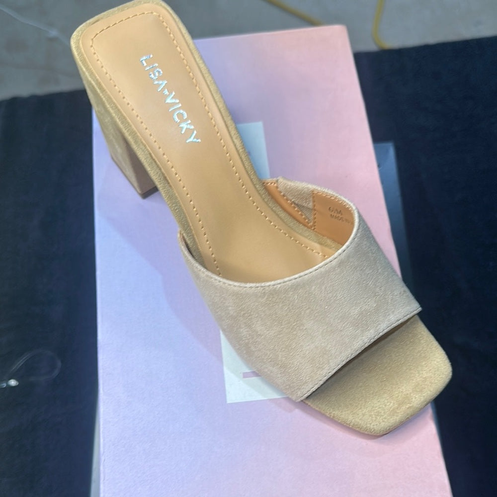 69. NEW SIZE 6.5 Stylish Tan Mules with Open-Back Design