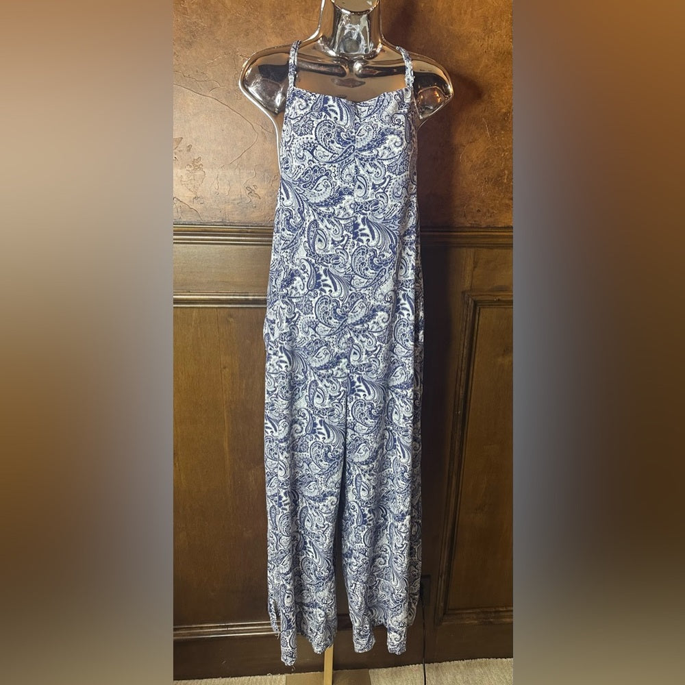 SIZE L Blue and White Floral Jumpsuit with Flowing Silhouette