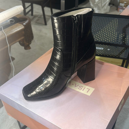 70.266.267.268.269.270.271. NEW Black Crocodile Textured Ankle Boots Block Heel