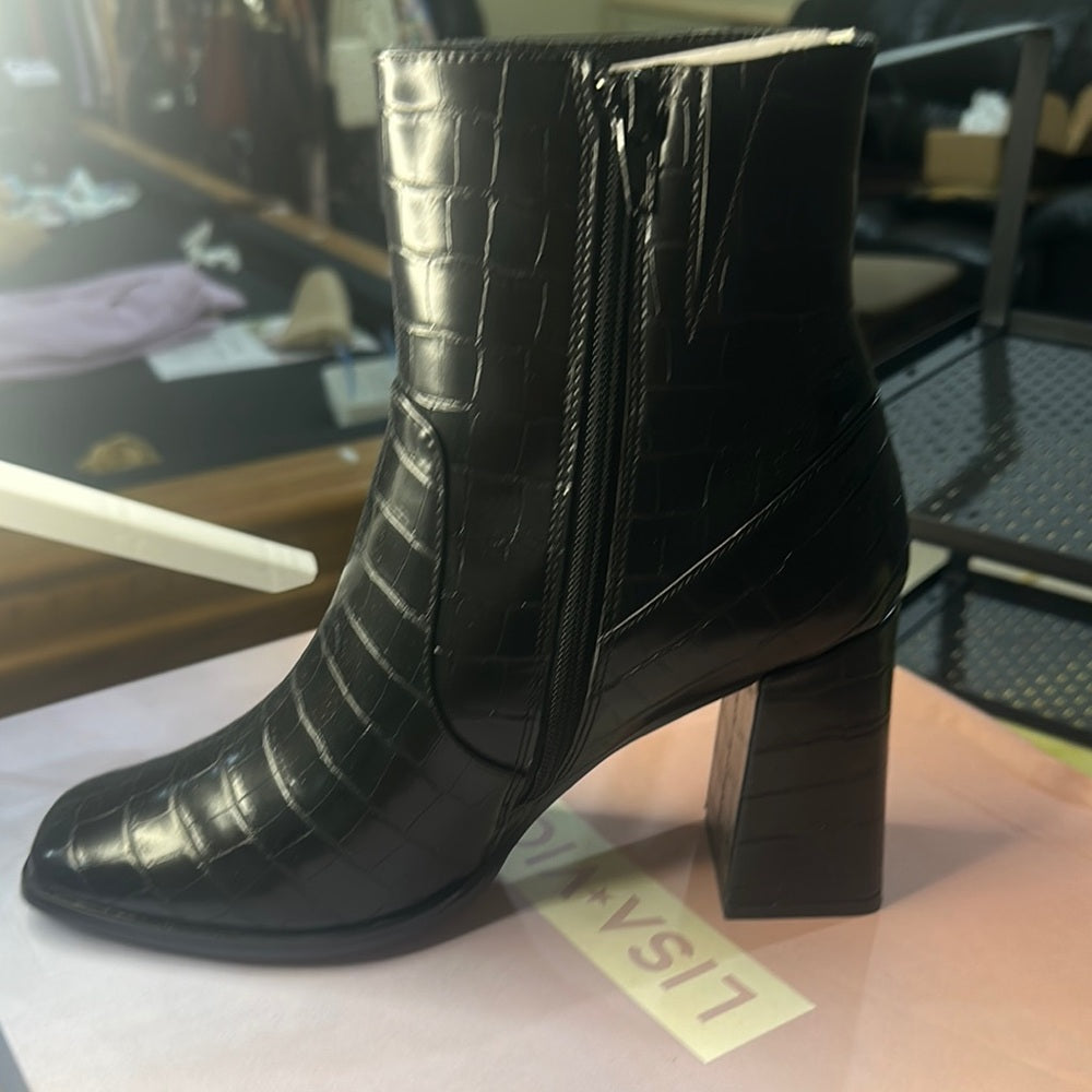 70.266.267.268.269.270.271. NEW Black Crocodile Textured Ankle Boots Block Heel