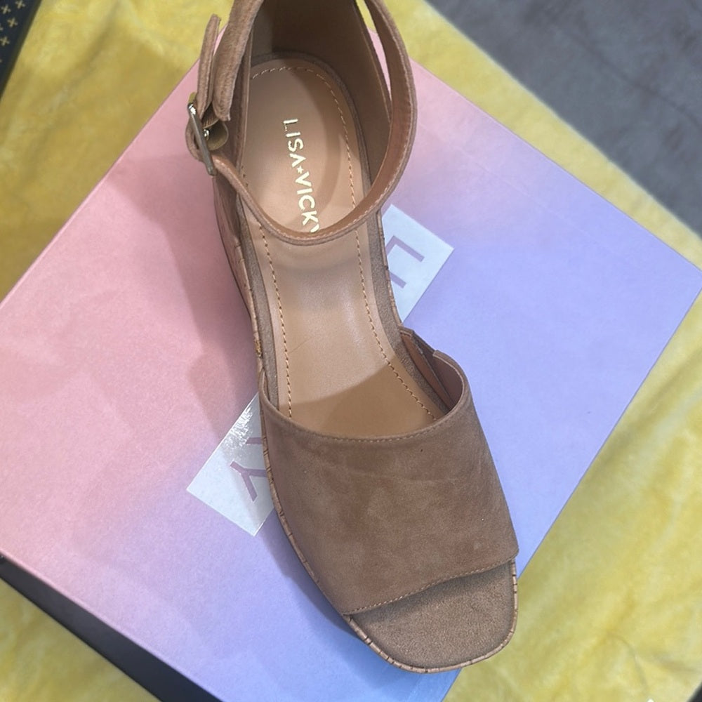 71. 197.198.199.NEW SIZE 7/7.5/8/9.5M Tan Suede Wedge Sandals with Cork Platform