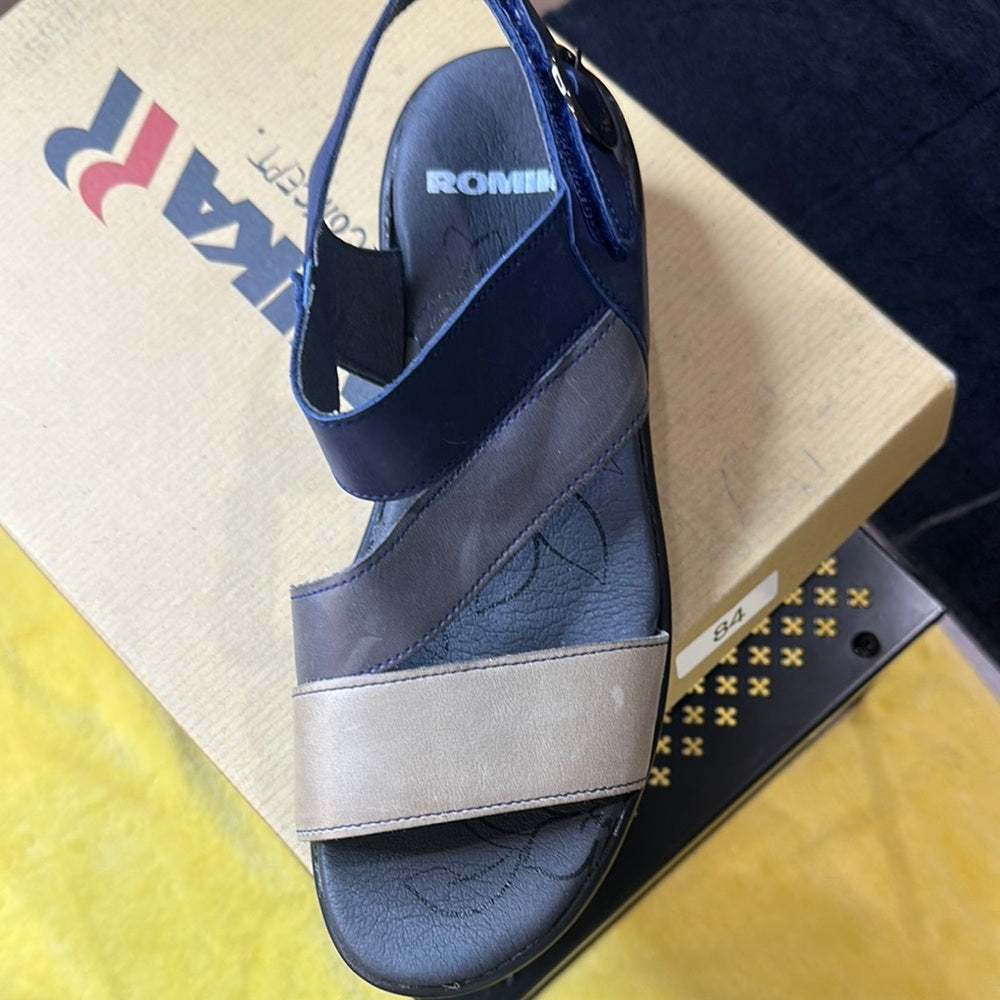 84. NEW SIZE 7-7.5/37 Romika Blue and Tan Sandals with Cushioned Footbed