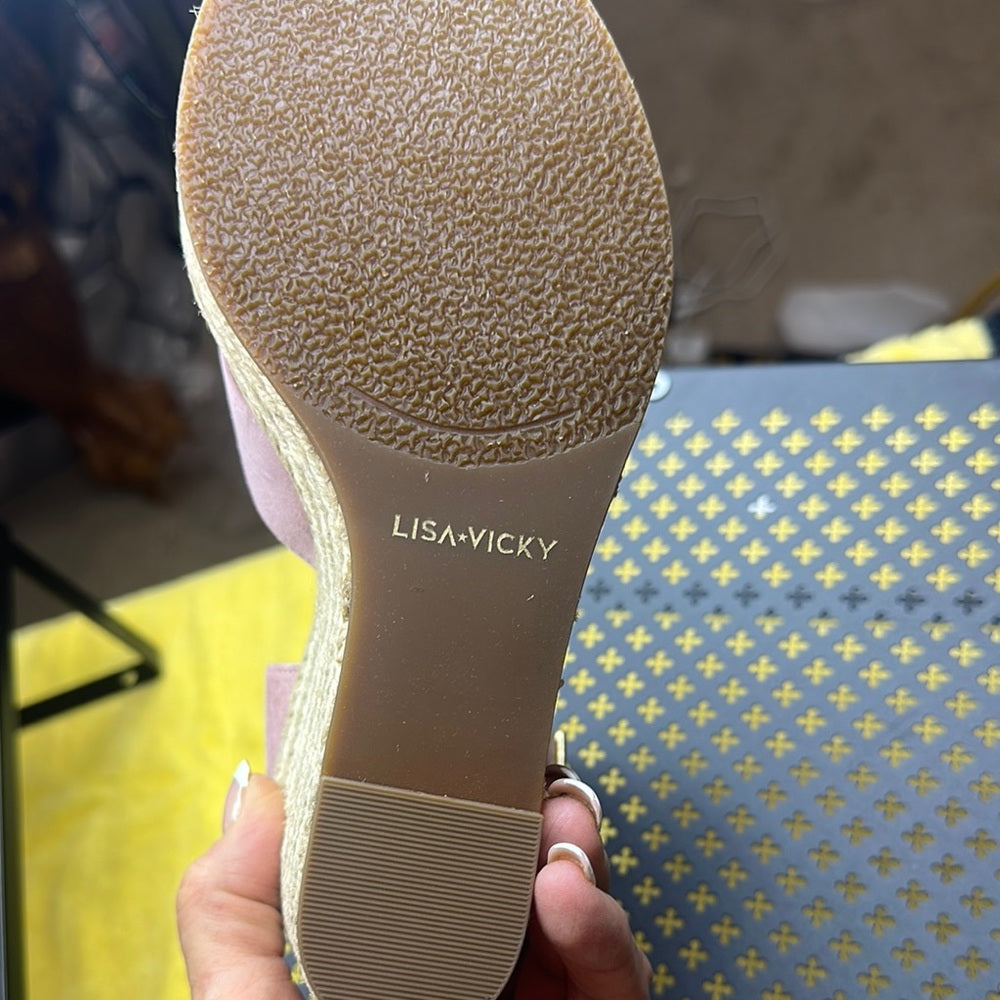 108. NEW SIZE 7 1/2M Pink Espadrille Wedges with Crisscross Design