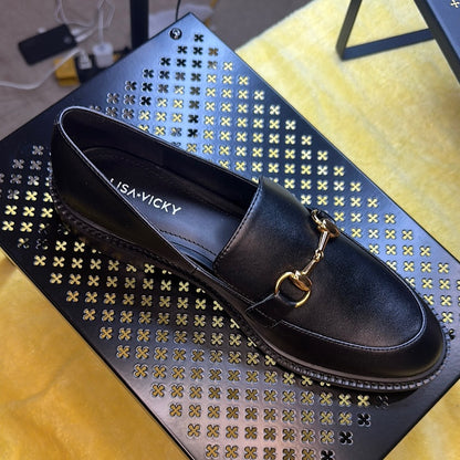 116. 117. NEW SIZE 7M Black Leather Loafers with Gold Horsebit Detail