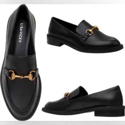 1.5.93.NEW SIZE 10 Lisa Vicky Black and Gold Slip-On Loafers with Horse bit