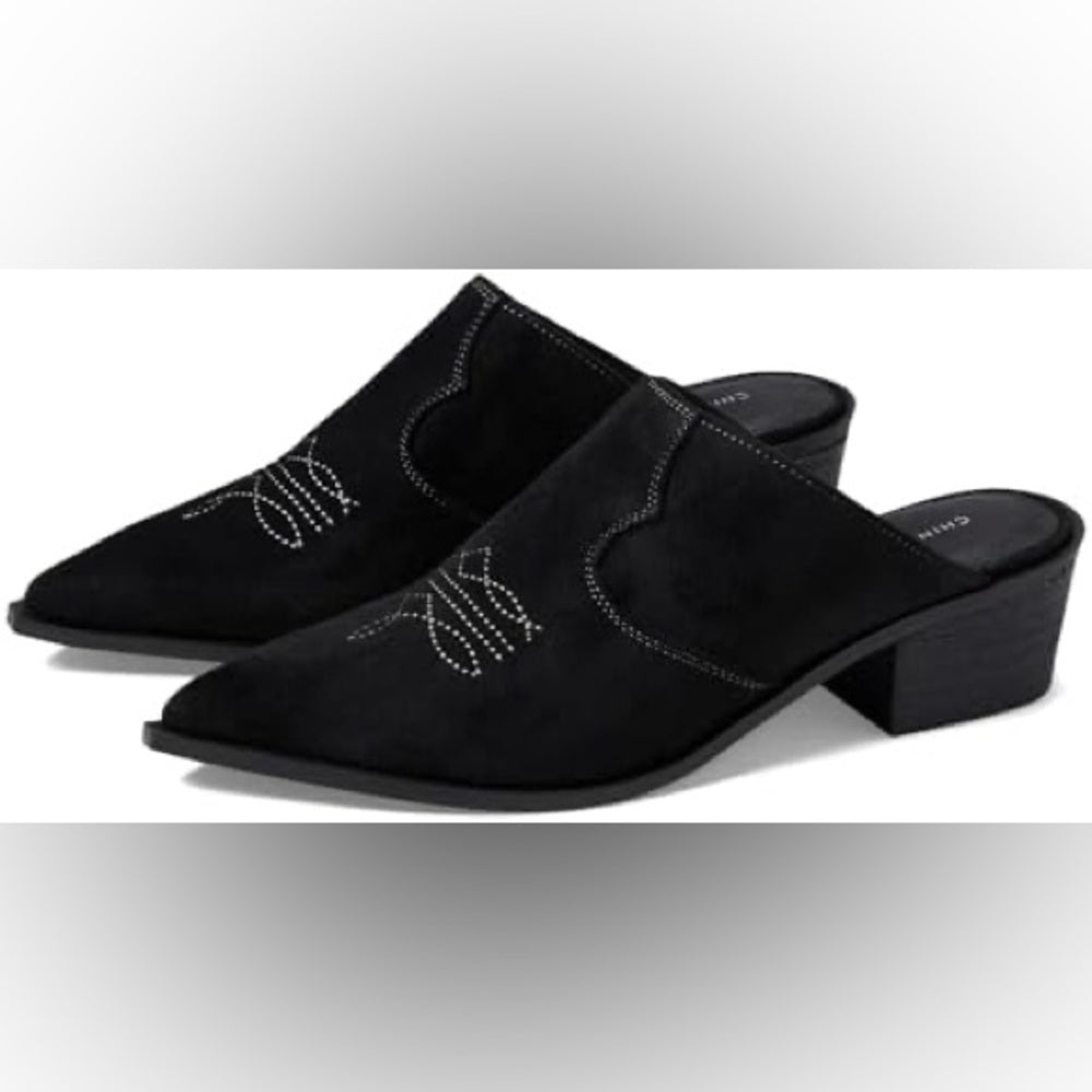 55.102. NEW SIZE 8/9 Black Slip-On Loafers with Pointed Toe & Subtle Embroidery