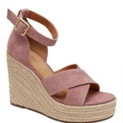 108. NEW SIZE 7 1/2M Pink Espadrille Wedges with Crisscross Design