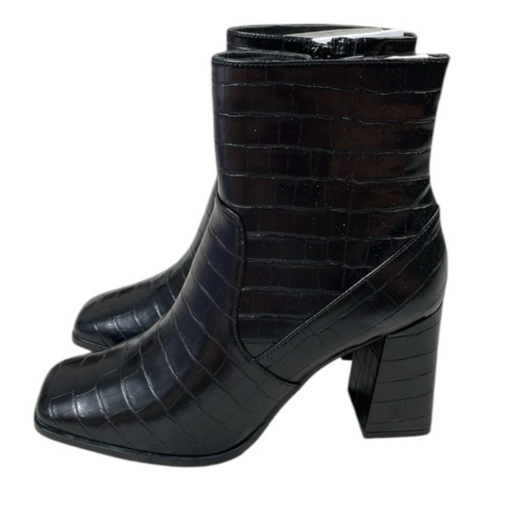 70.266.267.268.269.270.271. NEW Black Crocodile Textured Ankle Boots Block Heel