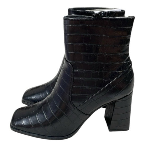 70.266.267.268.269.270.271. NEW Black Crocodile Textured Ankle Boots Block Heel
