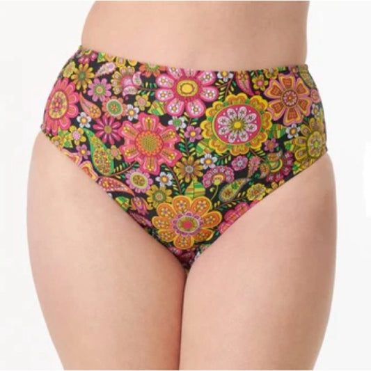 SIZE L Unique Vintage Floral High-Waisted Bikini Bottom - Black and Pink