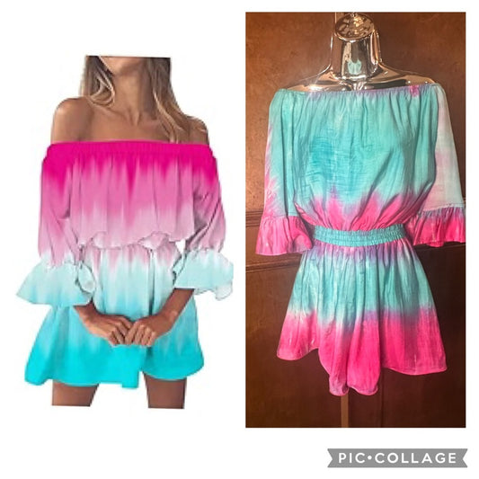 NWOT SIZE S Chic Pink and Blue Peplum Romper with Flowy Ruffles