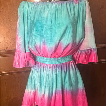 NWOT SIZE S Chic Pink and Blue Peplum Romper with Flowy Ruffles