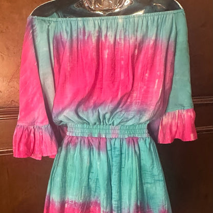 NWOT SIZE S Chic Pink and Blue Peplum Romper with Flowy Ruffles