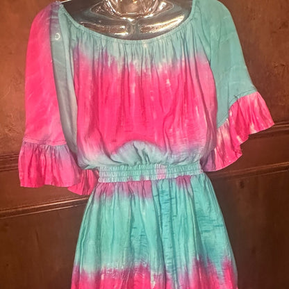 NWOT SIZE S Chic Pink and Blue Peplum Romper with Flowy Ruffles