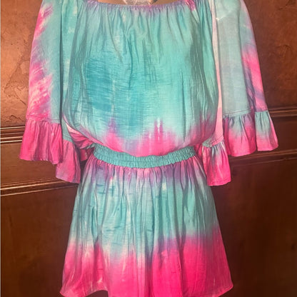 NWOT SIZE S Chic Pink and Blue Peplum Romper with Flowy Ruffles
