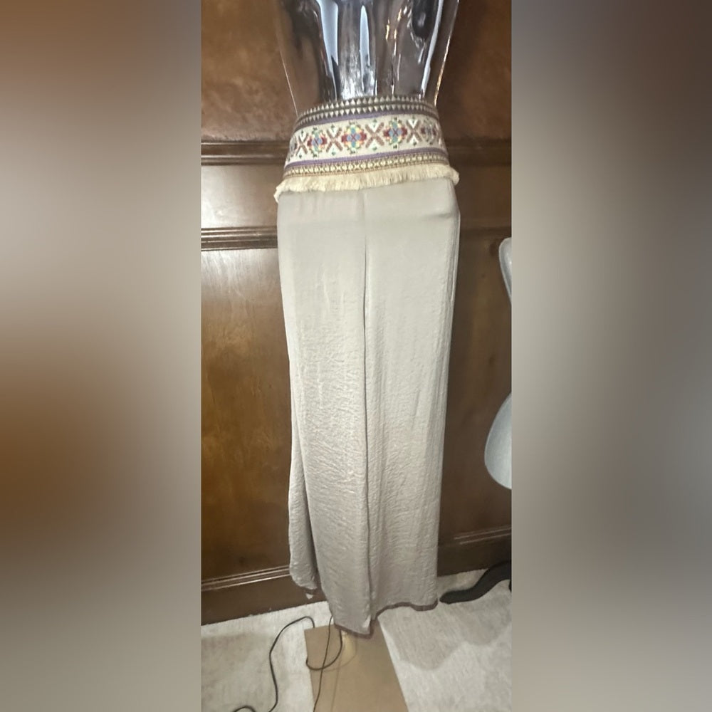 SIZE M Cream Pleated Maxi Wide Leg Pants for Casual Wear