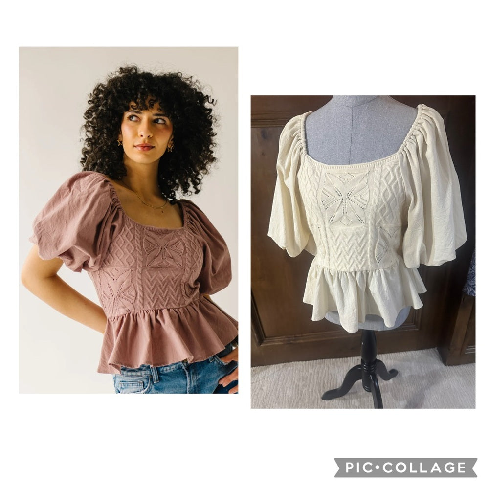 NWT SIZE L Polagram White and Pink Peplum Blouse with Puffed Sleeves