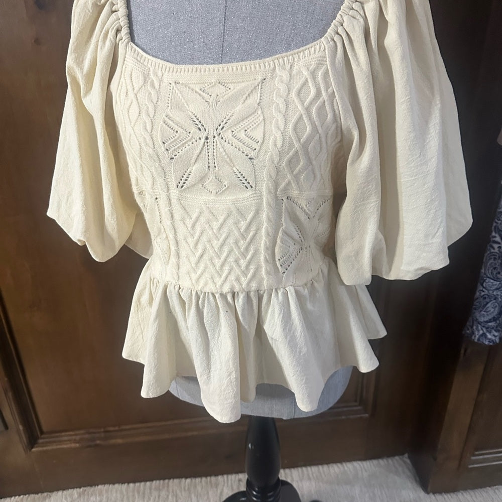 NWT SIZE L Polagram White and Pink Peplum Blouse with Puffed Sleeves