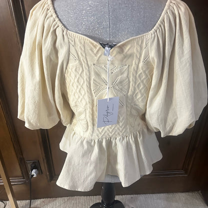 NWT SIZE L Polagram White and Pink Peplum Blouse with Puffed Sleeves