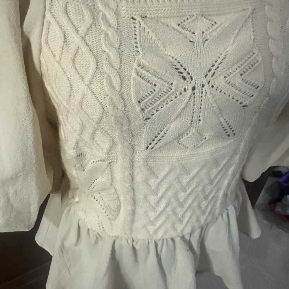 NWT SIZE L Polagram White and Pink Peplum Blouse with Puffed Sleeves