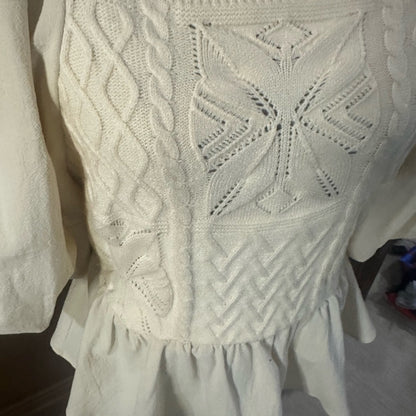 NWT SIZE L Polagram White and Pink Peplum Blouse with Puffed Sleeves