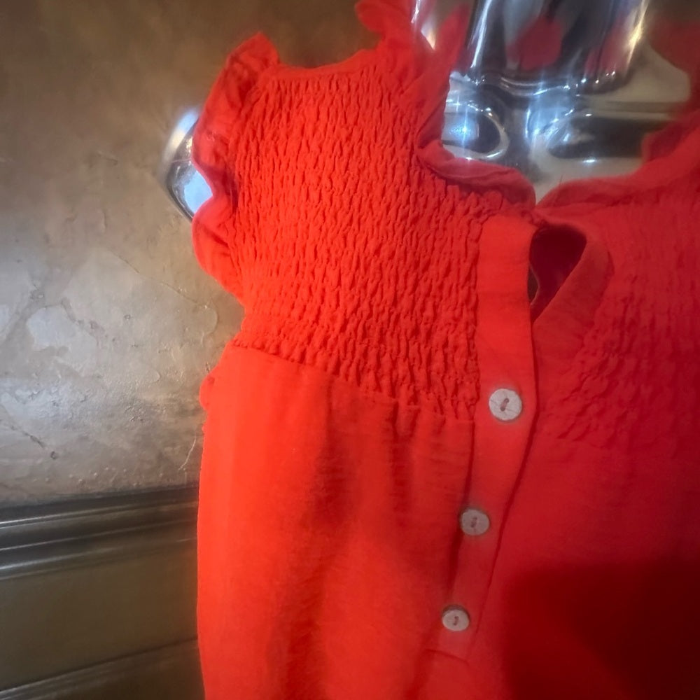 NWT SIZE S Red Smocked Cap Sleeve Polo Blouse