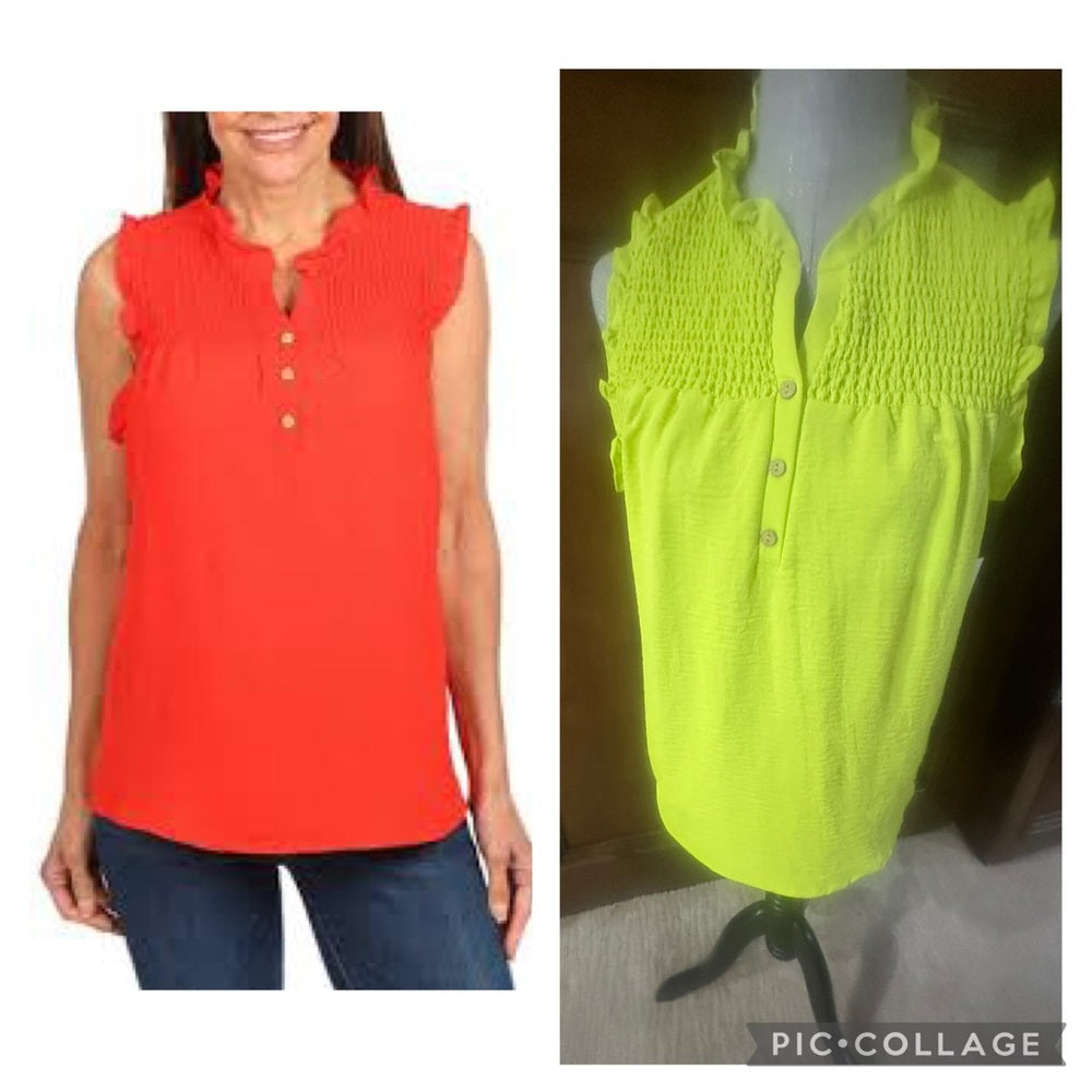 NWT SIZE M Vibrant Green Blouse with Smocked Mandarin Collar