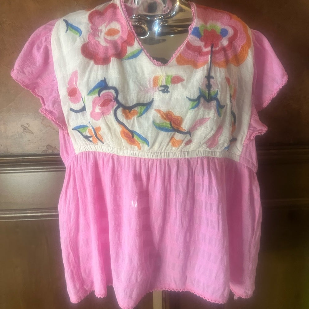 SIZE XL Cato Flutter Sleeve Peplum Blouse in Pink and Blue