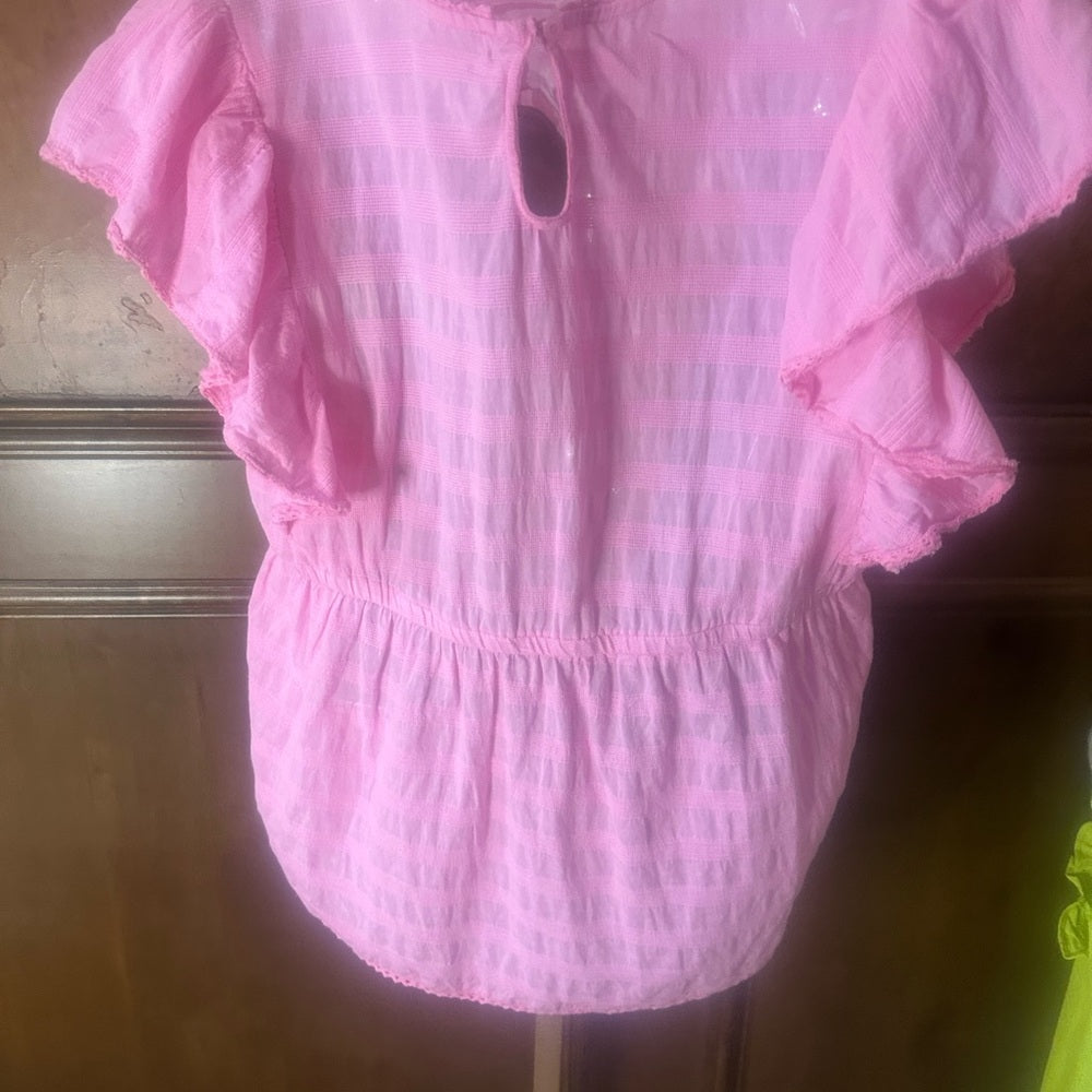 SIZE XL Cato Flutter Sleeve Peplum Blouse in Pink and Blue