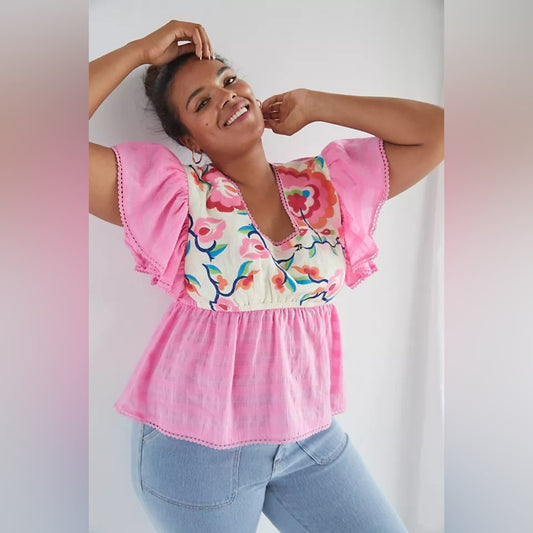 SIZE XL Cato Flutter Sleeve Peplum Blouse in Pink and Blue
